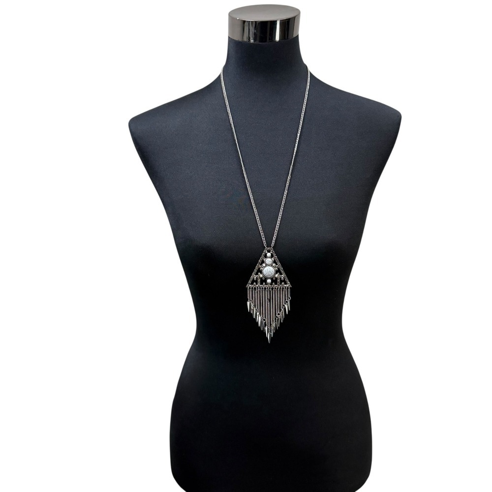 Silver Tone Long Statement Fringe Tassel Pendant Necklace Boho Jewelry 18 in L